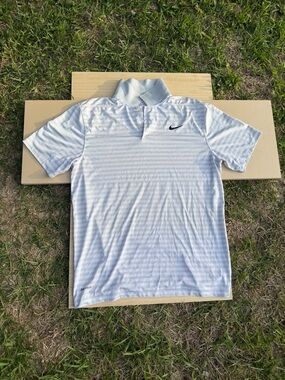 Nike Men’s White Striped Dri-FIT Polo with Black Swoosh